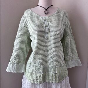 Habitat Seersucker Green Striped Henley Flowy Blouse